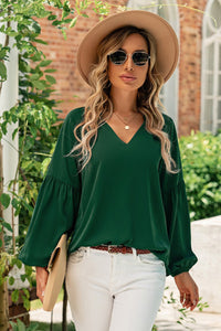Ruched Notched Balloon Sleeve Blouse Trandify deal