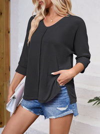 Lovelet Textured Round Neck Three-Quarter Sleeve Blouse Trandify deal