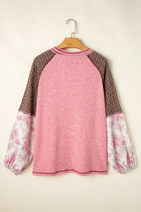 Plaid Floral Patchwork Round Neck Long Sleeve Top Trandify Deal