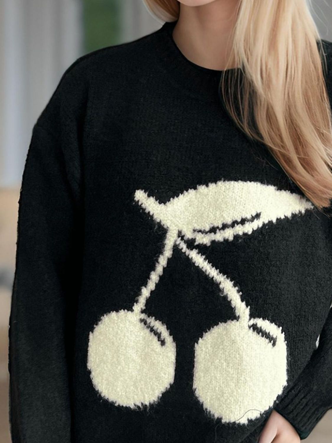 Cherry Round Neck Long Sleeve Sweater Trandify Deal