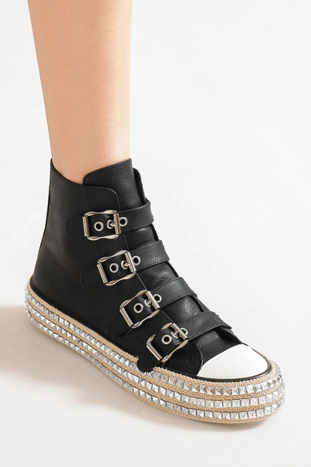 Beast Fashion Multi-Buckle Straps Studded Platform Sneakers Trandify deal