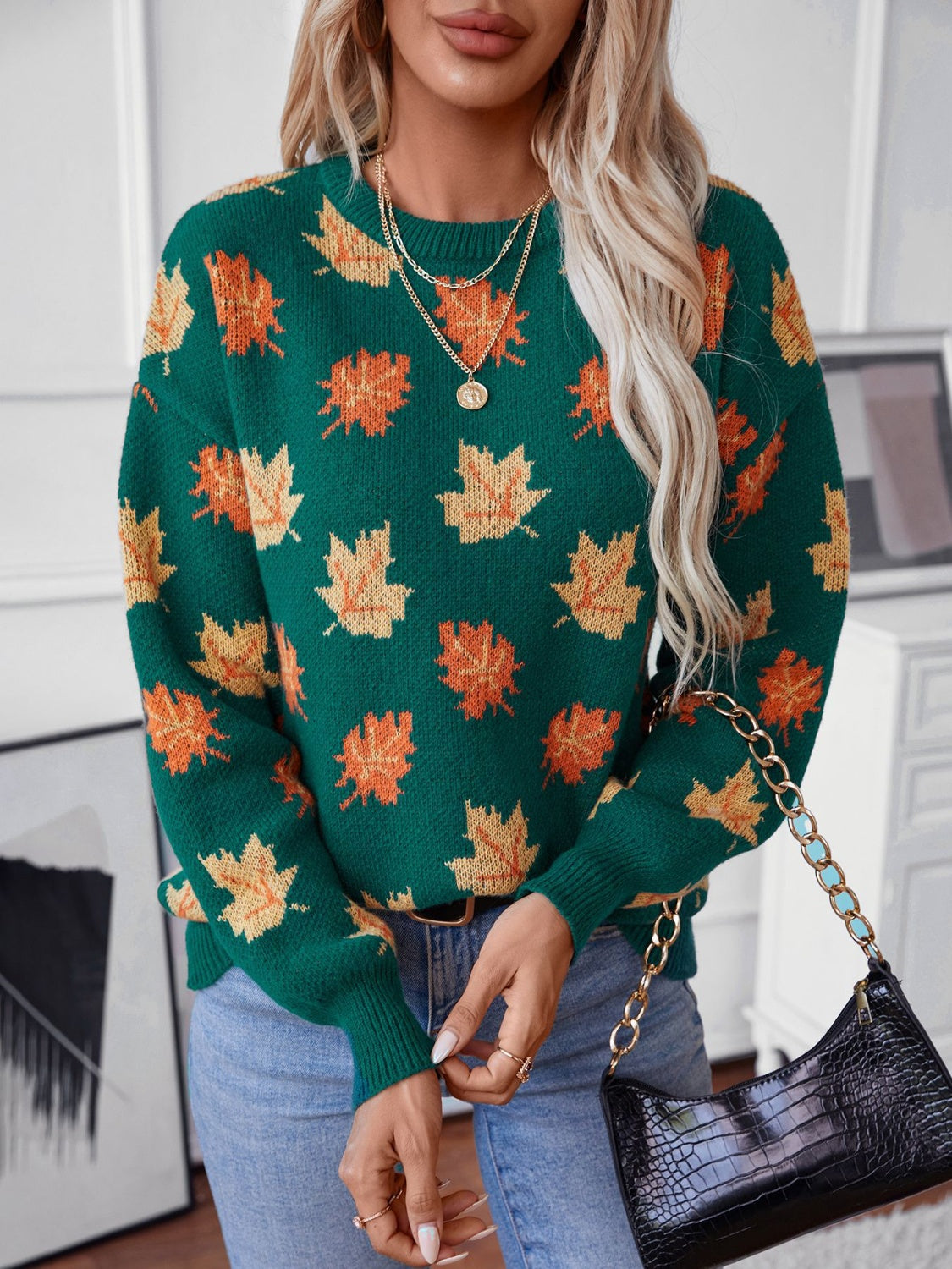 Maple Leaf Round Neck Long Sleeve Sweater Trandify Deal
