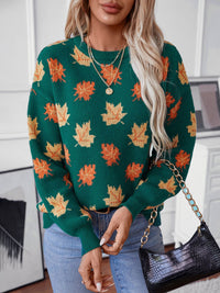 Maple Leaf Round Neck Long Sleeve Sweater Trandify Deal