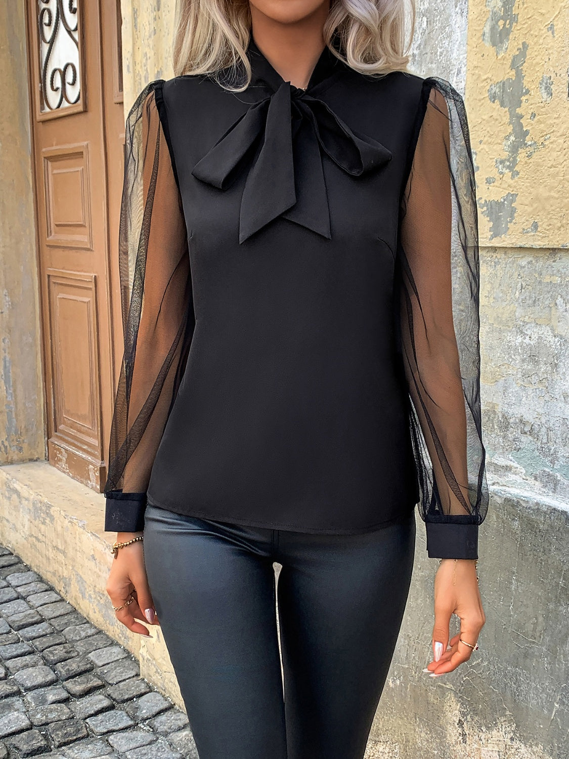 Tie Neck Long Sleeve Blouse Trandify Deal