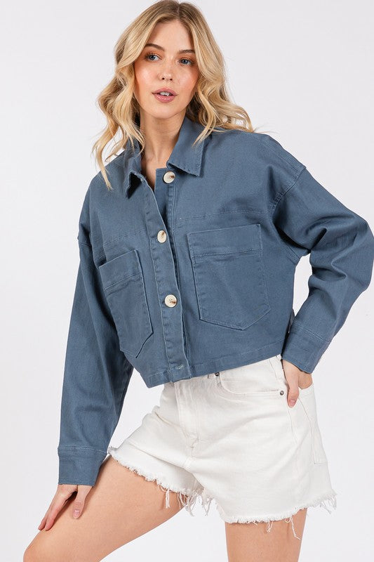 Bytos Button Down Cropped Denim Jacket with Patch Pockets - Stylish and versatile denim jacket perfect for layering in office-to-evening transitional outfits. Shop now at TrandifyDeal!