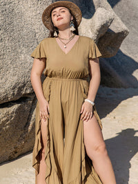 Plus Size Slit Ruffled V-Neck Jumpsuit Trandify deal