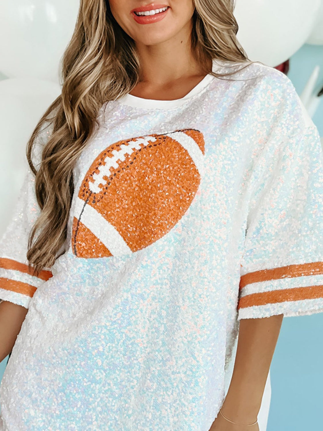 Sequin Football Round Neck Half Sleeve Oversize Top Trandify Deal