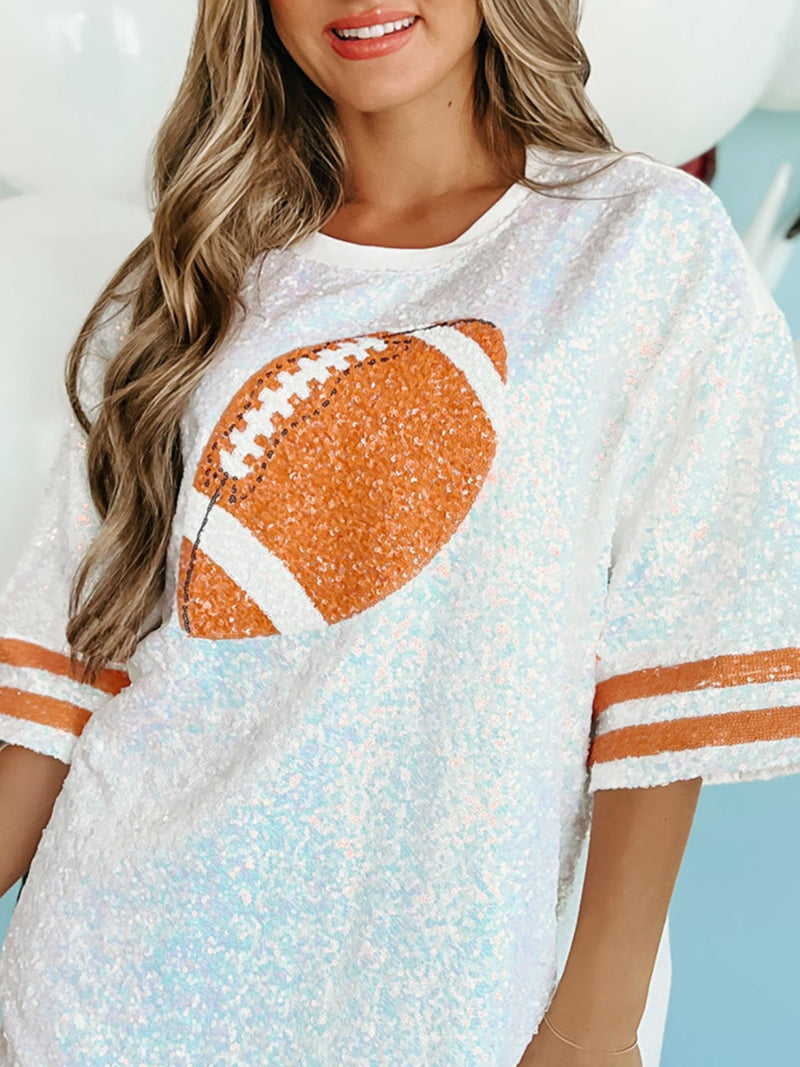 Sequin Football Round Neck Half Sleeve Oversize Top Trandify Deal