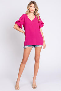 GeeGee V-Neck Ruffle Trim Short Sleeve Blouse Trandify deal