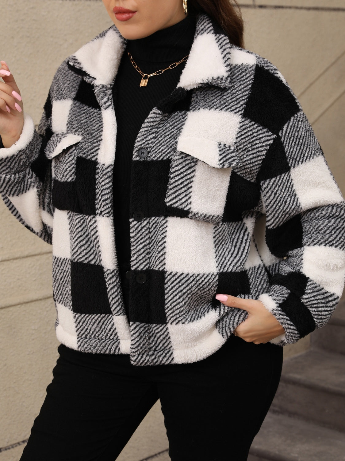 Plus Size Pocketed Plaid Collared Neck Jacket Trandify Deal