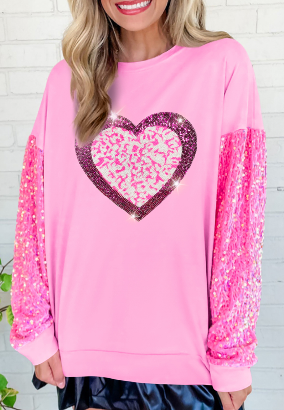 Valentine’s Day Sequin Heart Long Sleeve Sweatshirt Trandify deal
