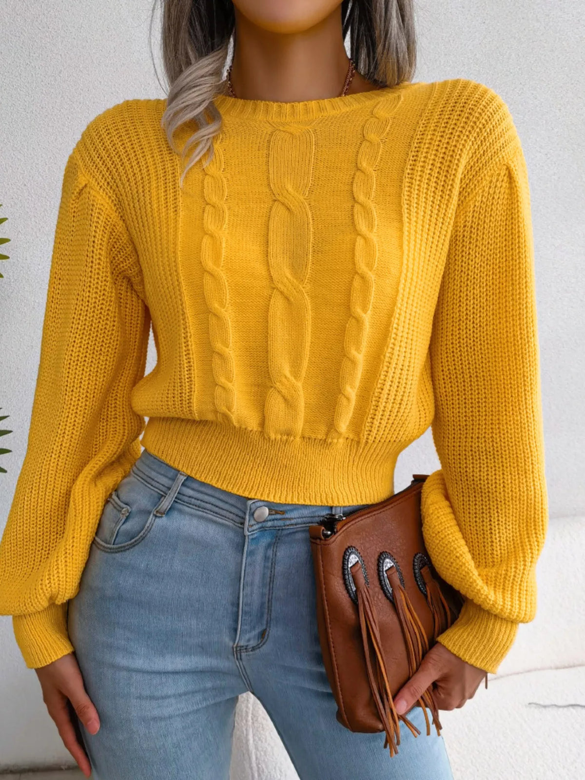 Women's Cropped Cable Knit Sweater | Crewneck Top