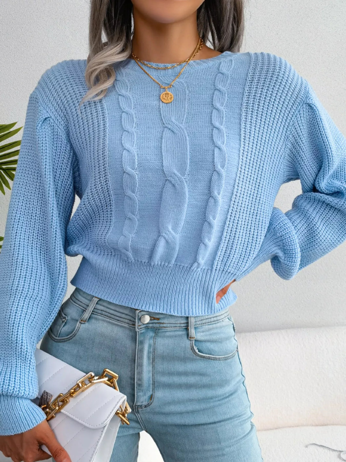 Women's Cropped Cable Knit Sweater | Crewneck Top