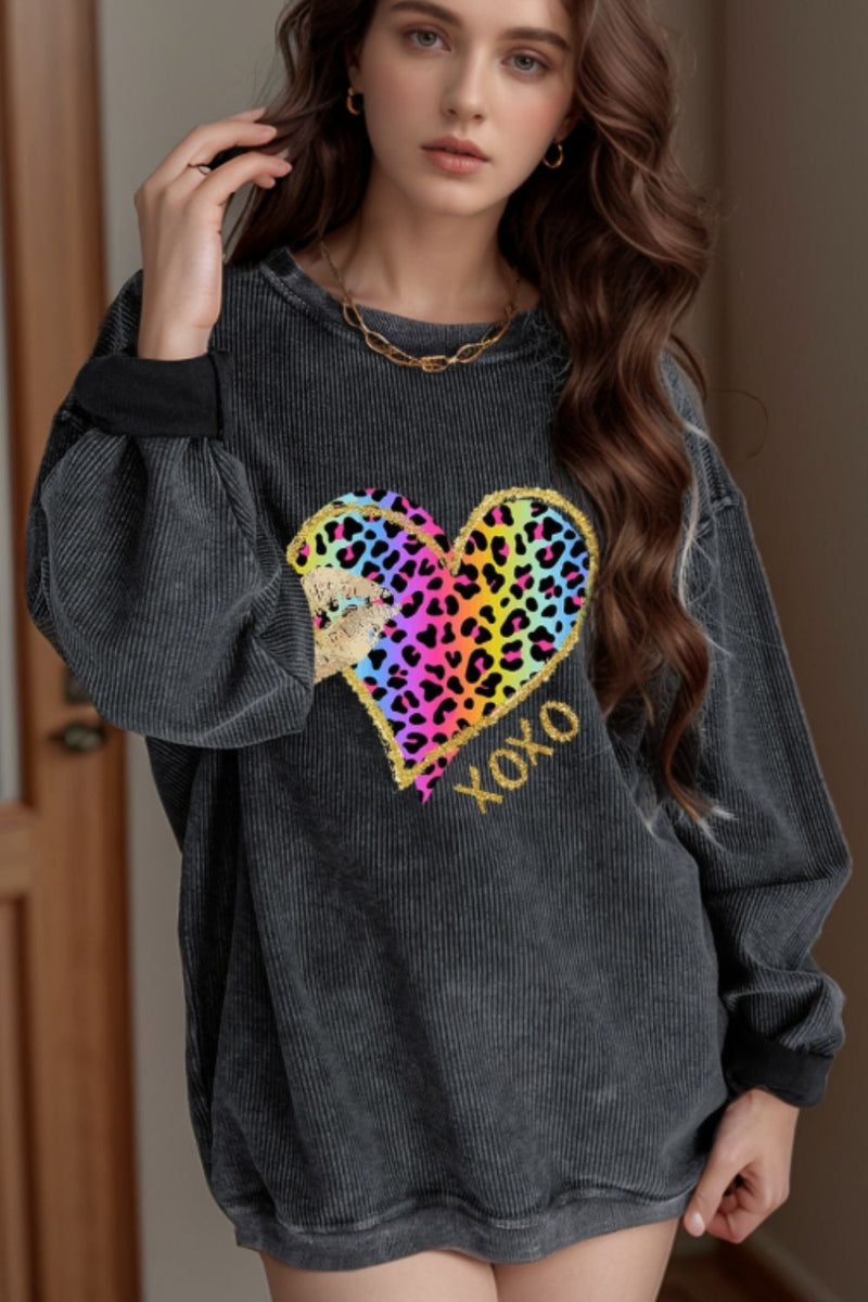 Leopard Heart Drop Shoulder Long Sleeve Sweatshirt Trandify Deal