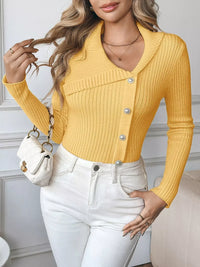 Women's asymmetrical ribbed button up cardigan in yellow, cozy chic style.
