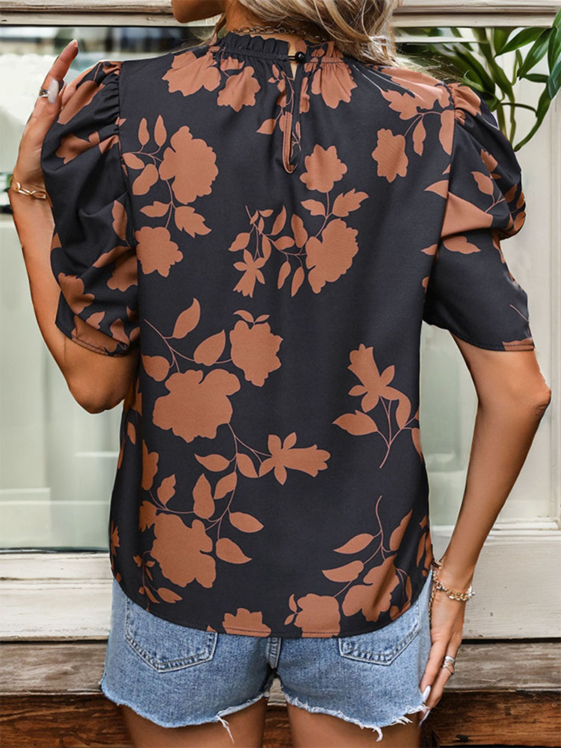 Frill Printed Round Neck Puff Sleeve Blouse Trandify deal