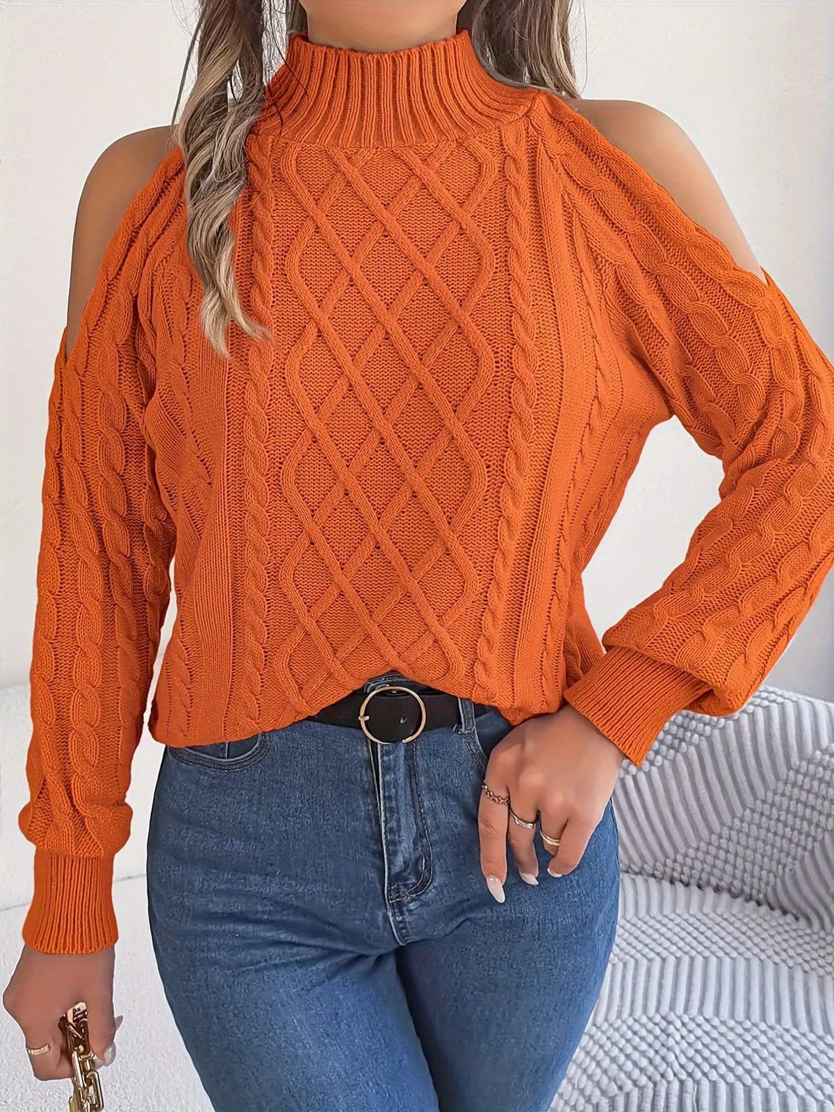 Women's Cold Shoulder Sweater | Cable Knit Turtleneck