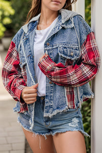 Raw Hem Drawstring Plaid Denim Jacket Trandify Deal