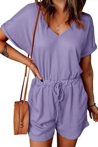 Full Size Drawstring V-Neck Short Sleeve Romper Trandify deal