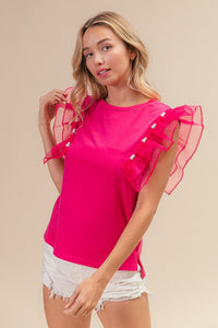 BiBi Pearl Decor Mesh Ruffle Sleeve Top Trandify deal