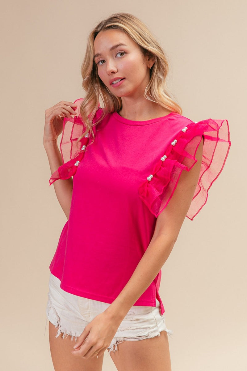 BiBi Pearl Decor Mesh Ruffle Sleeve Top Trandify deal