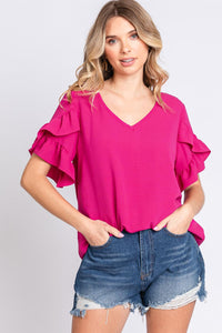GeeGee V-Neck Ruffle Trim Short Sleeve Blouse Trandify deal