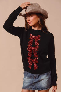 Women's Sparkly Sequined Bow Christmas Sweater for Holiday Parties