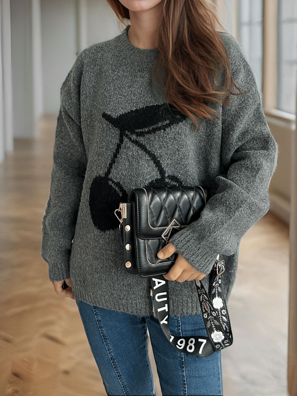 Cherry Round Neck Long Sleeve Sweater Trandify Deal