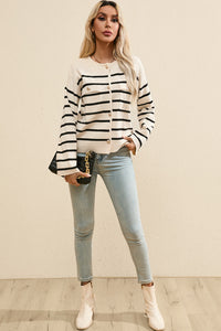 Striped Button Up Round Neck Cardigan Trandify Deal