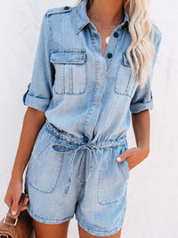 Trendy Denim Romper for Women with Half Button & Drawstring Waist