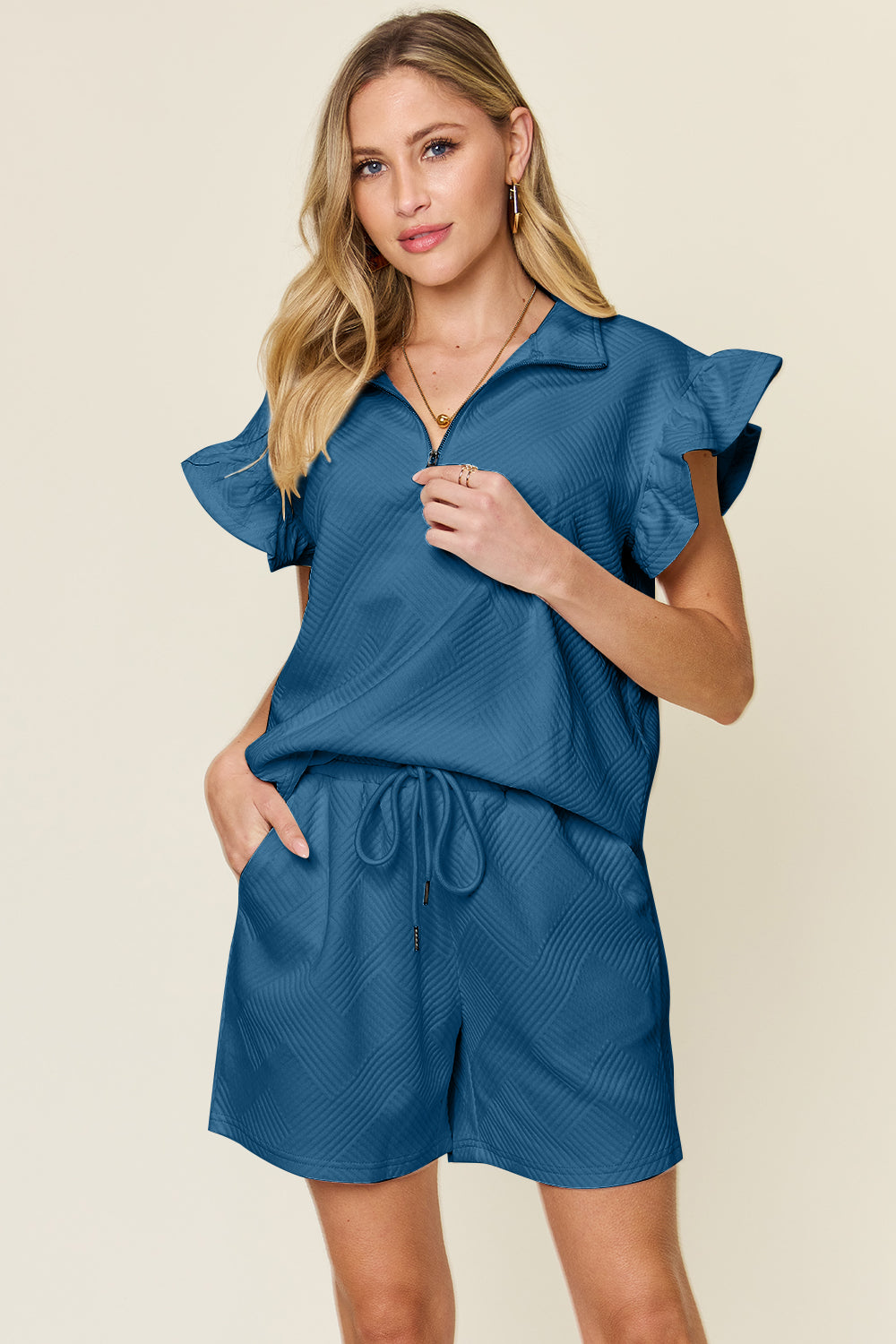 Double Take Full Size Texture Flounce Sleeve Top and Drawstring Shorts Set - Trandify Deal