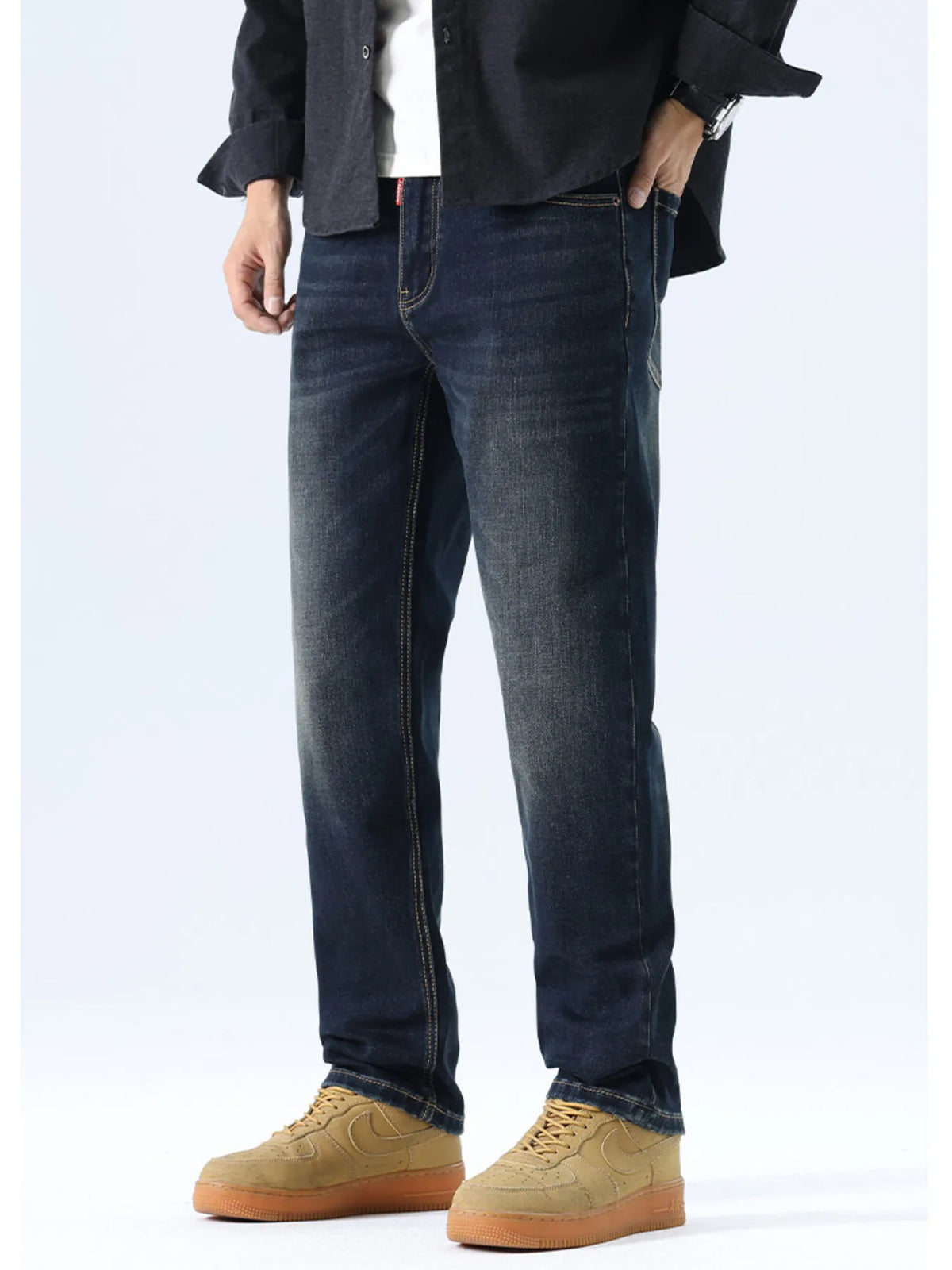 Men's washed blue straight leg jeans, regular fit, stretch denim