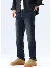 Men's washed blue straight leg jeans, regular fit, stretch denim