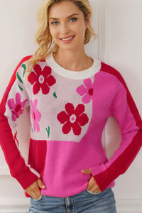 Flower Color Block Round Neck Sweater Trandify Deal