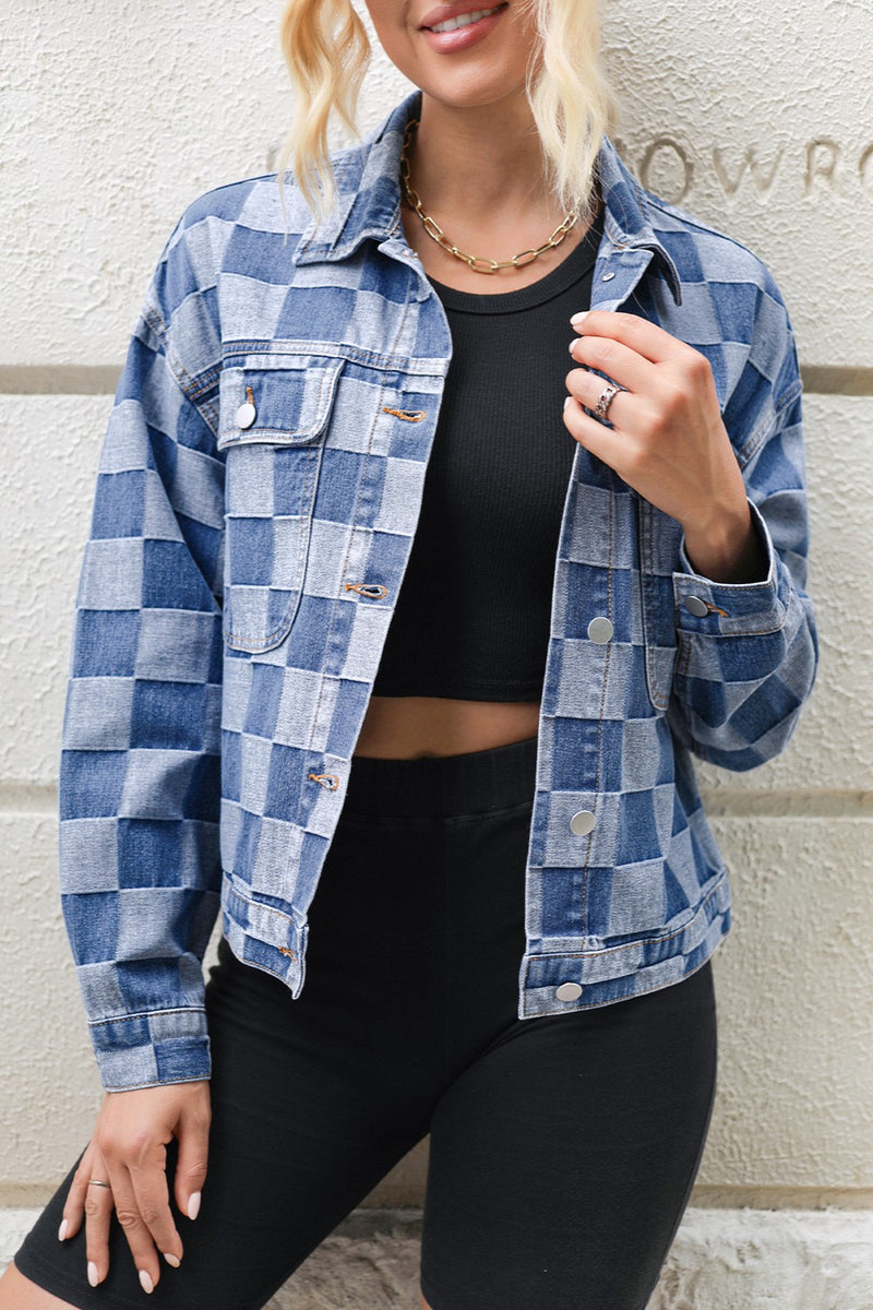 Checkered Button Up Long Sleeve Denim Jacket - Trandify Deal