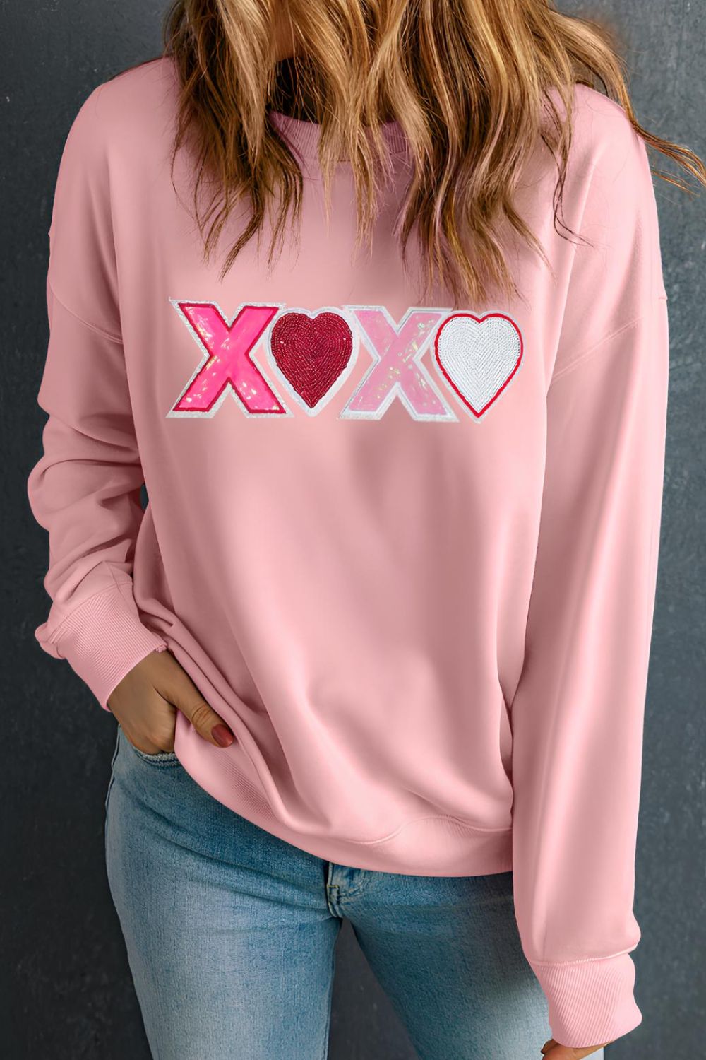 Valentine’s Day XOXO Round Neck Long Sleeve Sweatshirt Trandify Deal