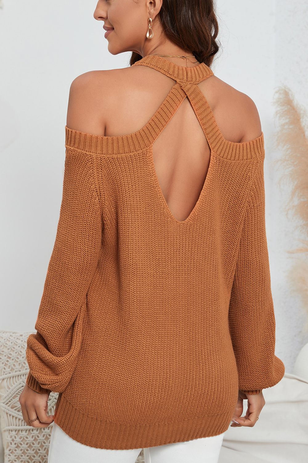Cutout Back Cold Shoulder Long Sleeve Sweater Trandify deal