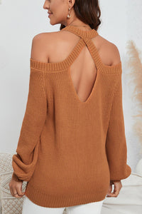 Cutout Back Cold Shoulder Long Sleeve Sweater Trandify deal