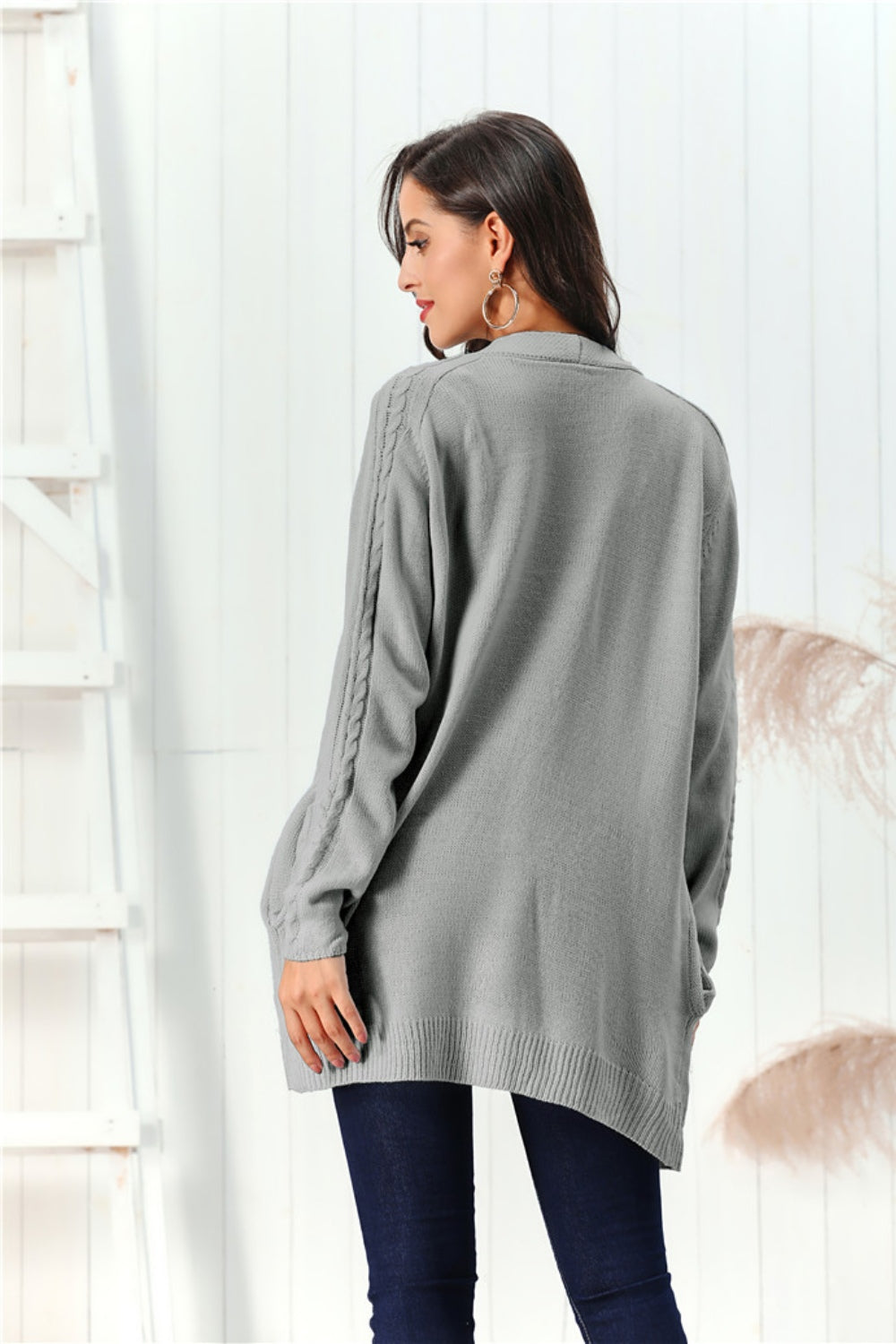 Cable-Knit Open Front Long Sleeve Cardigan Trandify Deal