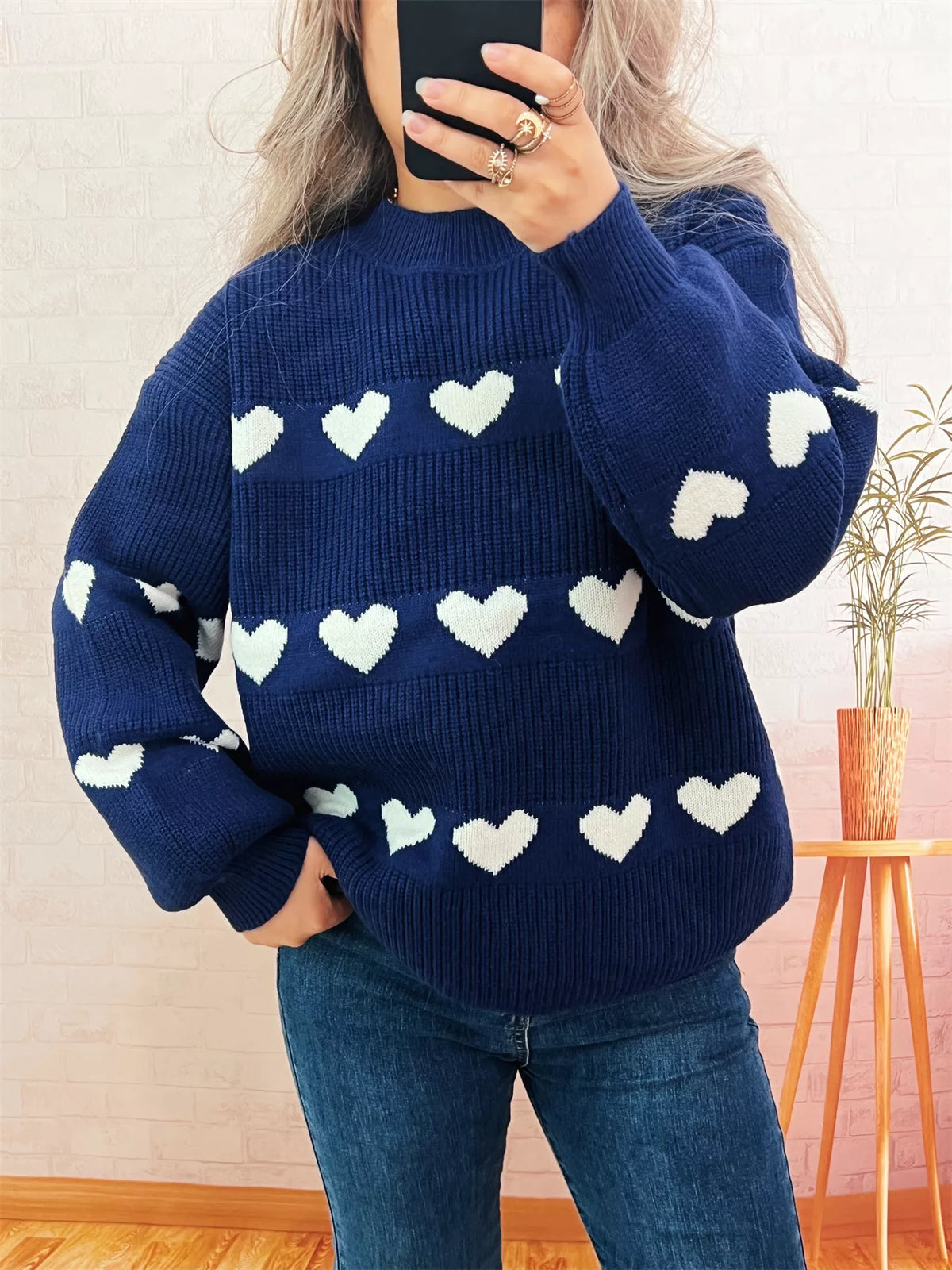Women's Heart Pattern Sweater - Cute Dropped Shoulder Pullover