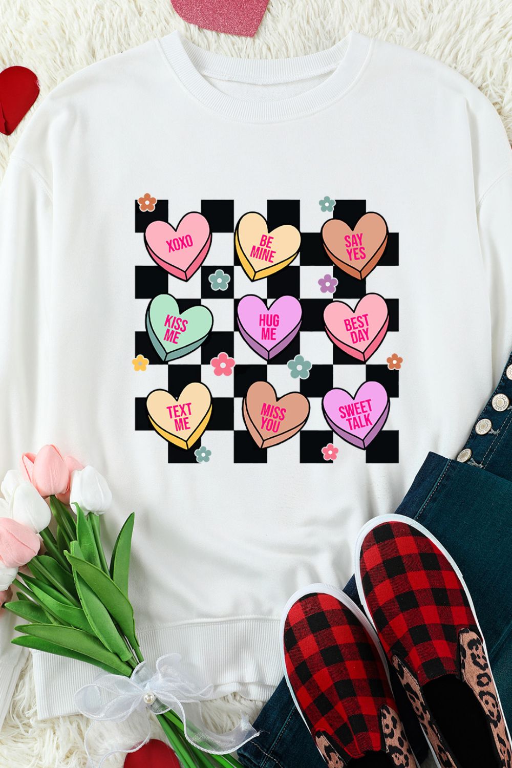 Valentine's Day Checkered Heart Long Sleeve Sweatshirt Trandify Deal