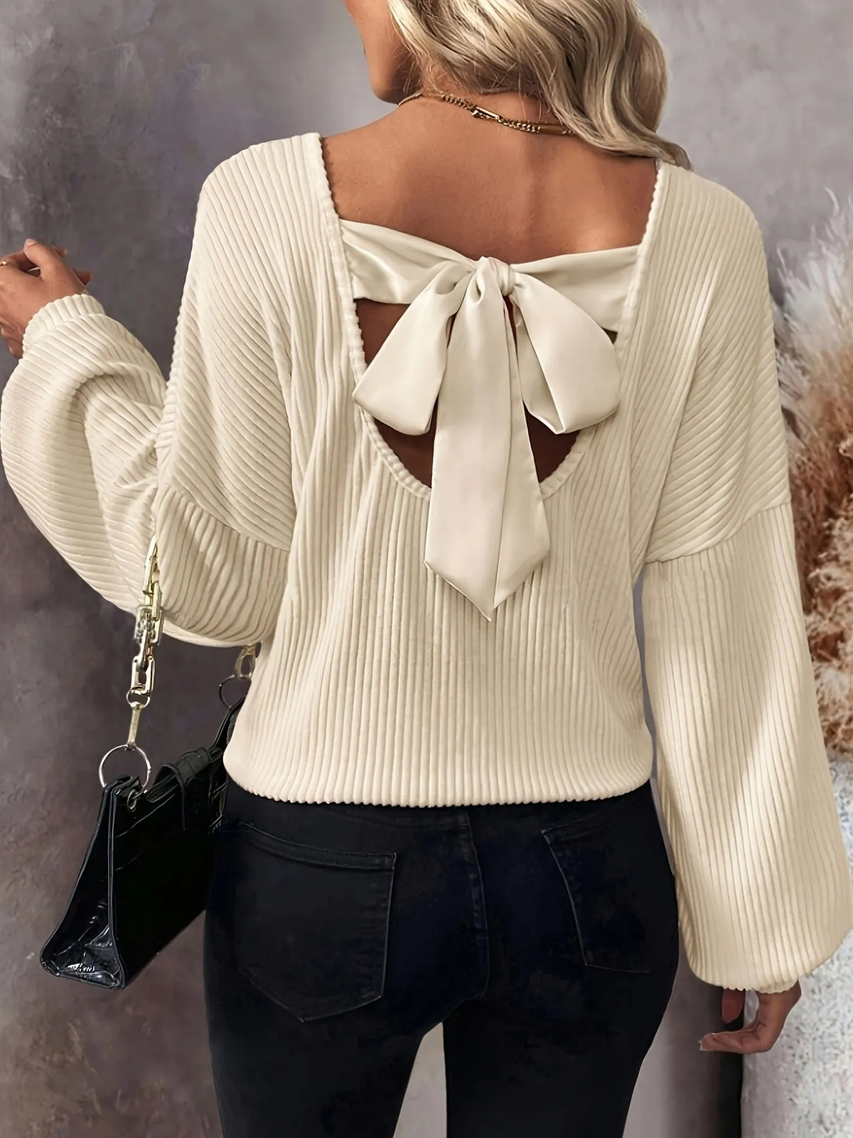 Women’s Ribbed Knit Bow Tie Blouse – Trendy Elegant Top for Casual & Office Wear