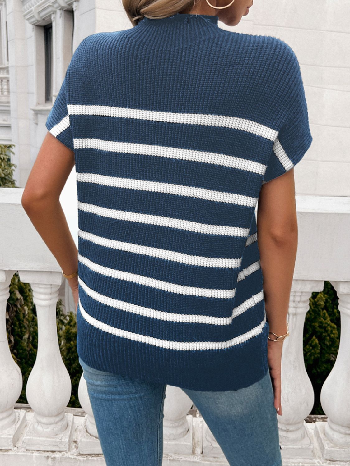 Devine Striped Mock Neck Short Sleeve Sweater Trandify deal