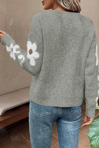 Flower Round Neck Long Sleeve Sweater Trandify Deal