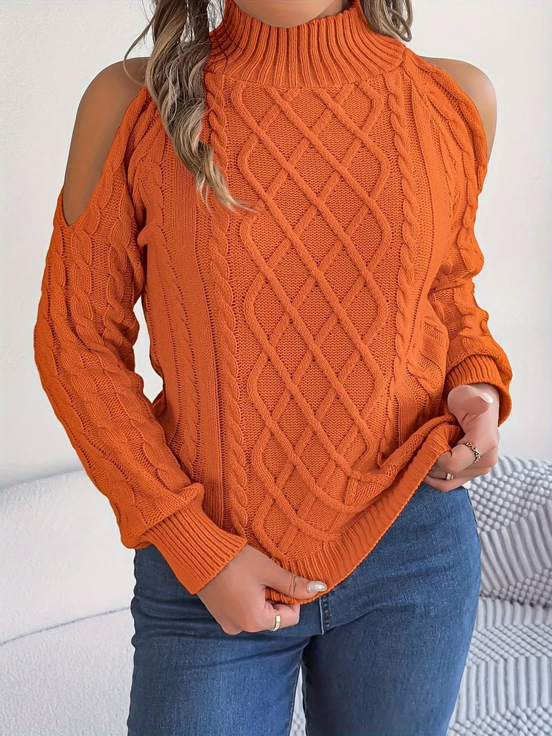 Women's Cold Shoulder Sweater | Cable Knit Turtleneck