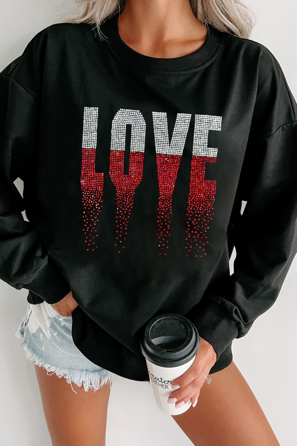 Rhinestone LOVE Round Neck Long Sleeve Sweatshirt Trandify Deal