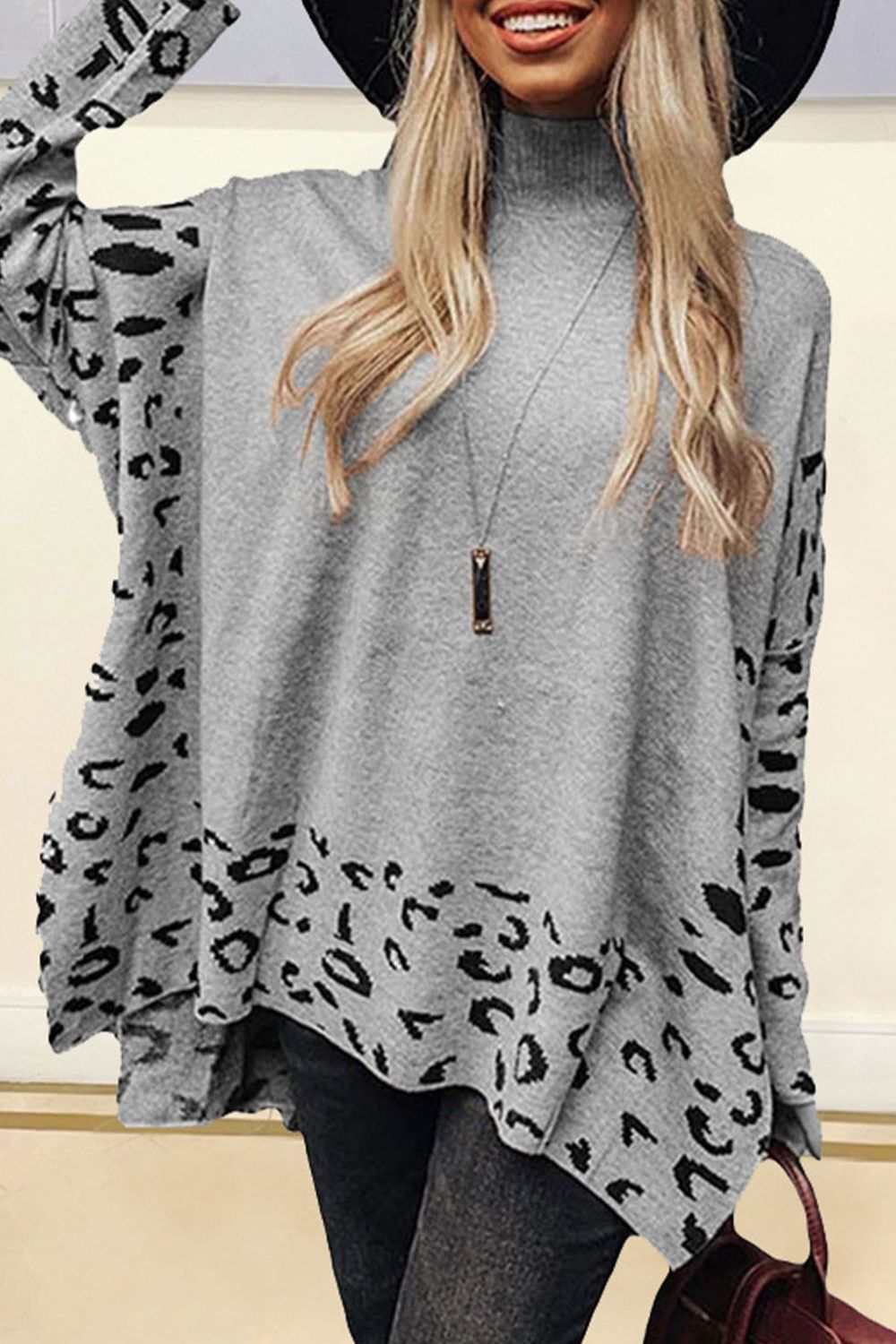 Slit Leopard Mock Neck Dropped Shoulder Sweater Trandify Deal