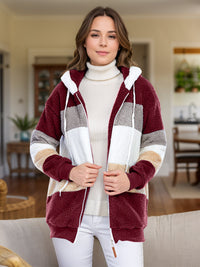 Full Size Drawstring Color Block Zip Up Hooded Outerwear Trandify Deal