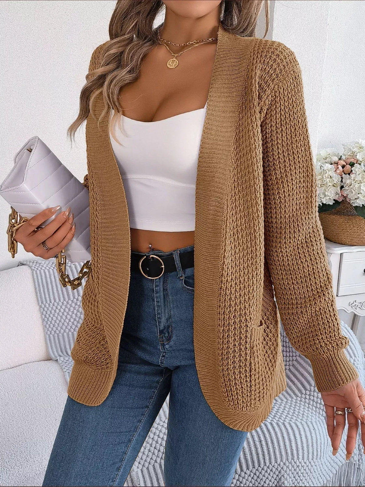 Chunky Knit Cardigan with Pockets - Open Front Women's Sweater