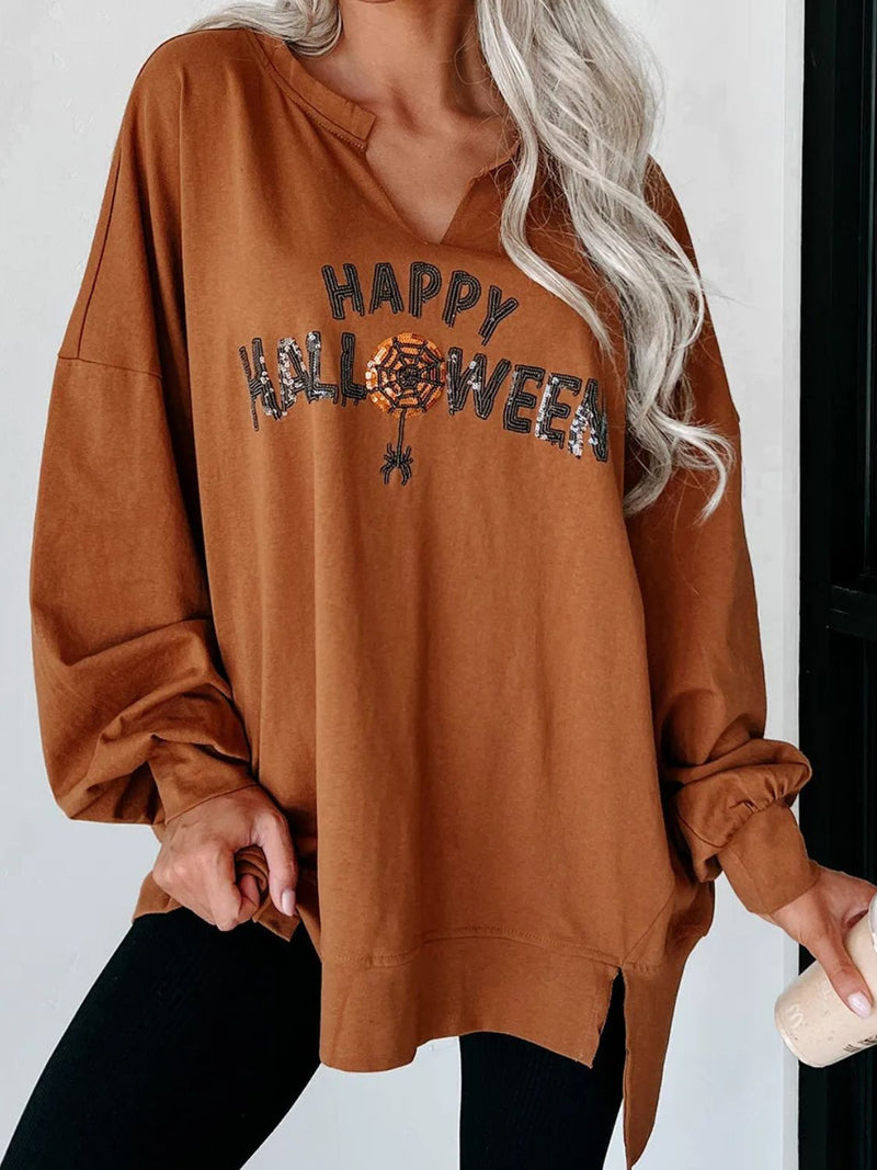 Sequin Letter Graphic Notched Long Sleeve Sweatshirt Trandify Deal